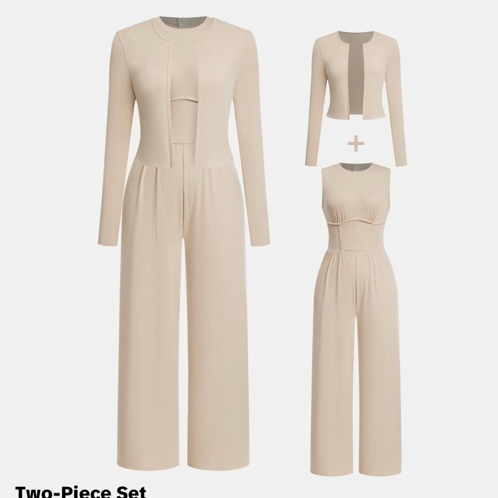 Solid Long Sleeve Open Front Top & Round Neck Tank Jumpsuit TWO-PIECE SET